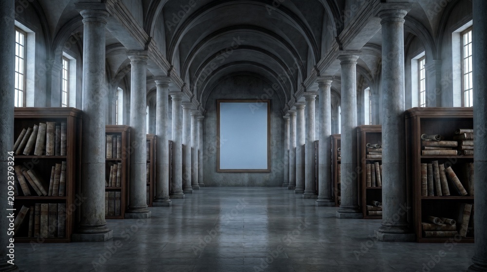 Fototapeta premium Historic archive hall with blank frame, cold morning light