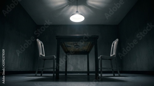 Fotografía Dark interrogation room, low angle of table under spotlight