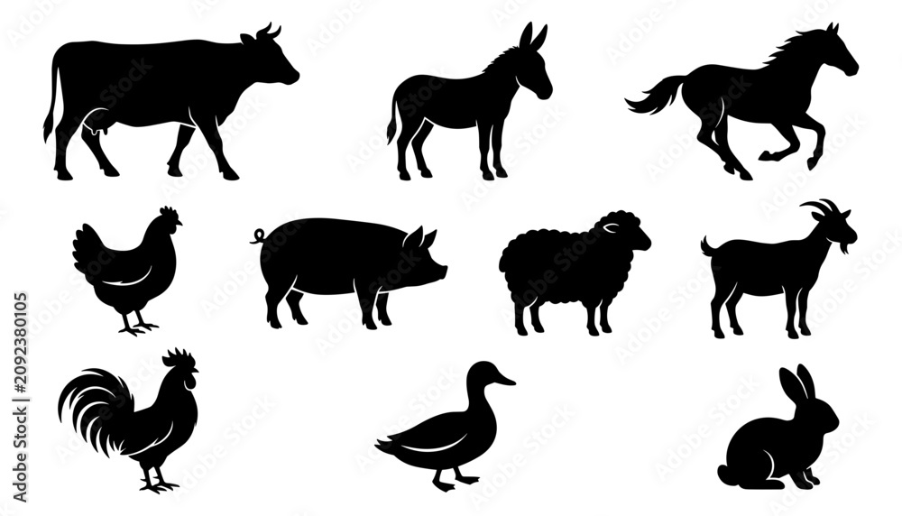 Obraz premium Animals Silhouette Set with Farm Birds, Horses, and Livestock Icons in Bold Black Vector Style for Decor