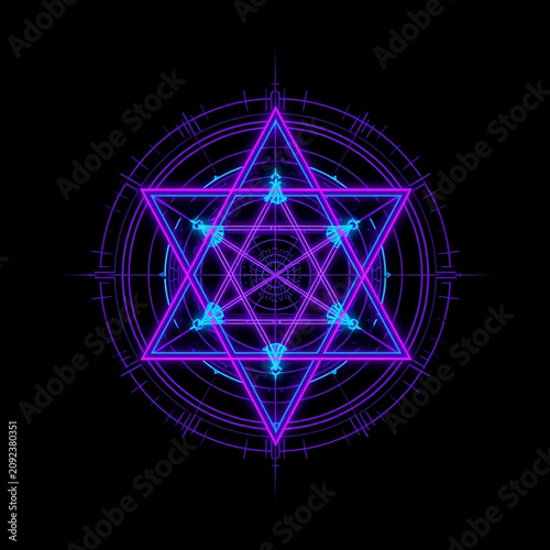 Cyberpunk Sacred Geometry Neon Emblem on Black Background