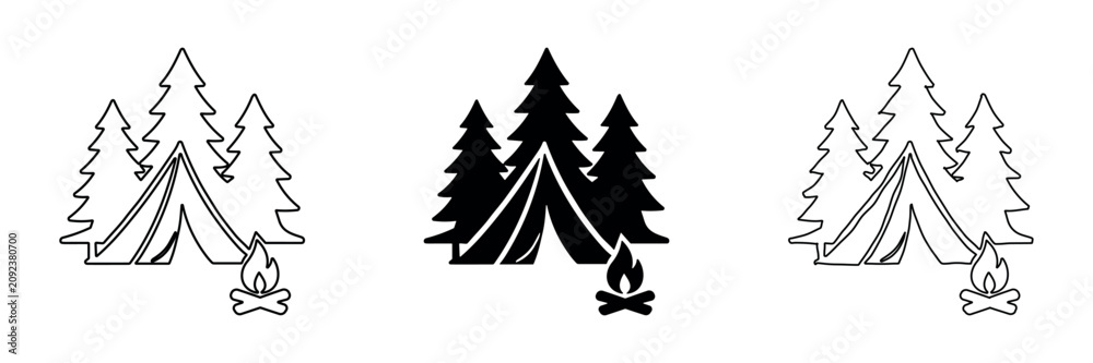Obraz premium Camping icons with tent, trees, and campfire in outline and silhouette styles