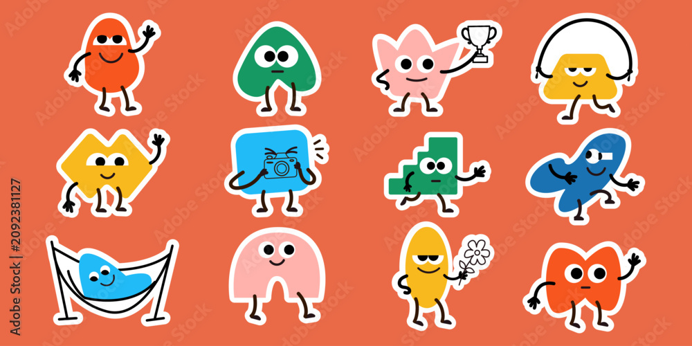 Obraz premium Cute geometric shape characters in school and sport activities vector sticker set