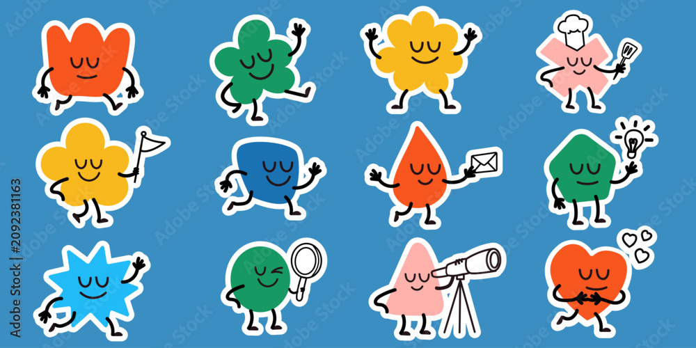 Obraz premium Cute geometric shape characters in fun poses vector sticker set