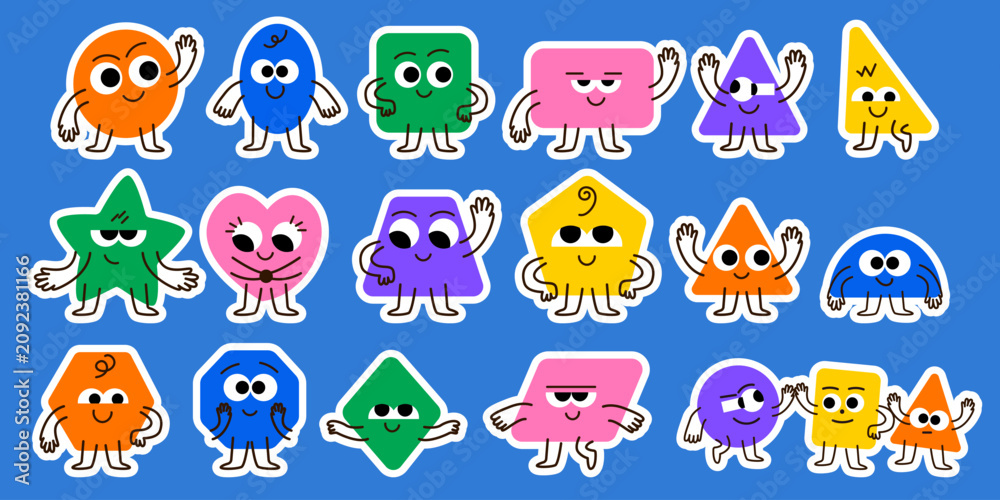 Fototapeta premium Colorful geometric shape mascot characters with different emotions vector sticker set