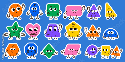 Colorful geometric shape mascot characters with different emotions vector sticker set
