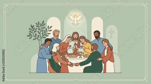 Group of people sharing a communal meal in a peaceful setting with a spiritual and artistic style