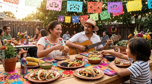 Family enjoying traditional Mexican feast at garden party
