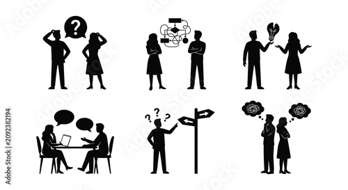 Quadro su tela People pondering and problem solving black vector illustration set