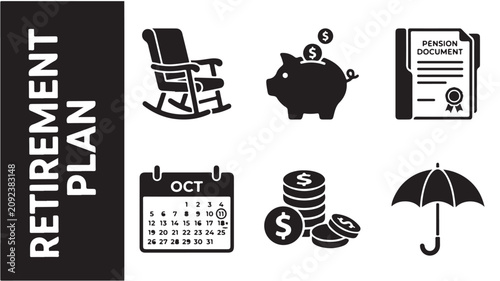Retirement plan icons set including rocking chair, piggy bank, pension document and umbrella for financial security