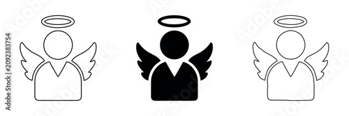 Billede på lærred Collection of simple angel icons with halos and wings in outline and solid style