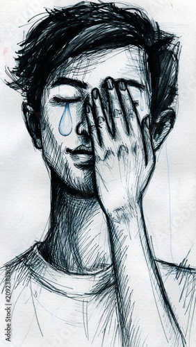 Sketch of a person with a hand covering one eye, expressing emotion.
