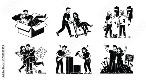 Foto People pondering and problem solving black vector illustration set