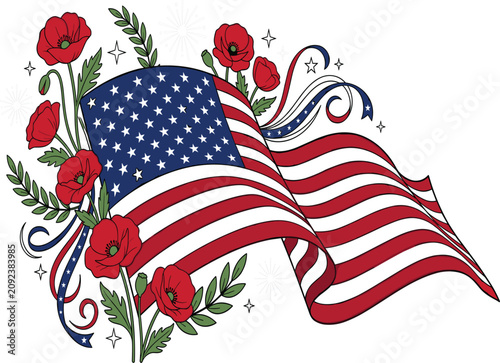 Foto Patriotic American flag with red poppy flowers vector, Memorial Day banner conce