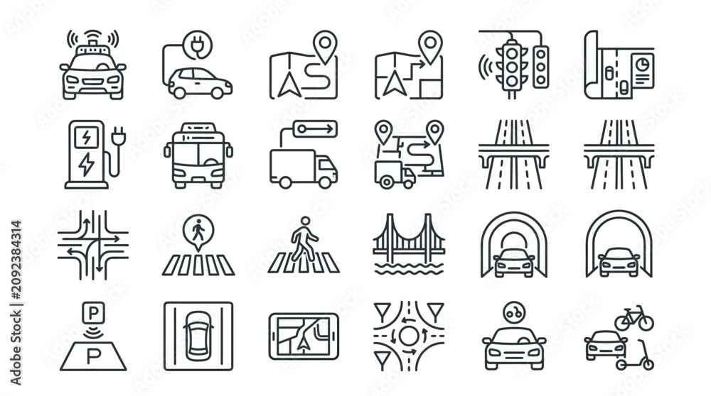 Fototapeta premium Modern Urban Transportation and Smart City Line Icons Collection