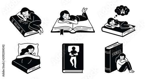 Photos Sleeping people with books black and white vector illustration