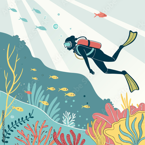 Scuba diver exploring deep ocean with colorful fish and coral reef scuba diving reef exploration underwater life underwater exploration sunlight colorful environment ecosystem explorer