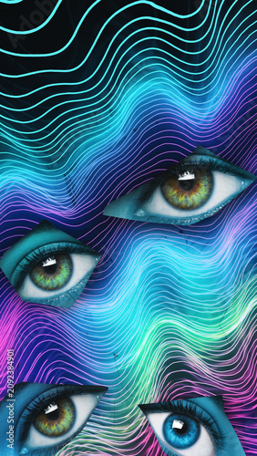Surreal digital artwork featuring multiple human eyes with colorful abstract background.