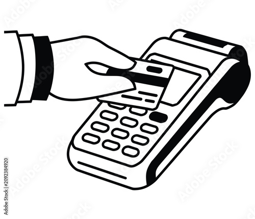 Credit card payment terminal icon collection, hand inserting bank card for secure transaction, contactless and POS machine symbols, retail checkout interface graphics, modern flat vector illustration