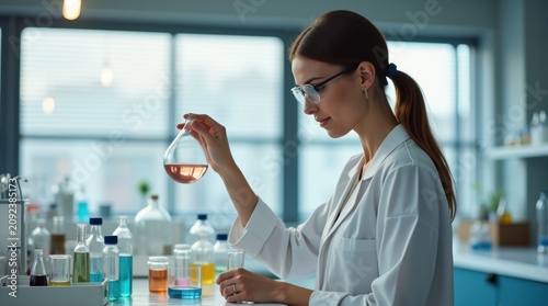 Una profesora de ciencias con estilo prepara un experimento en un laboratorio moderno y elegante