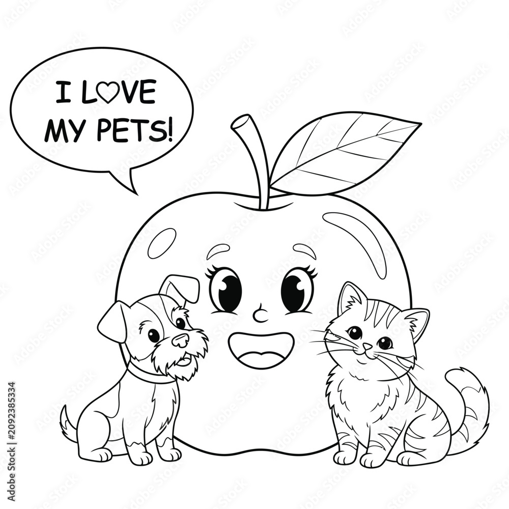 Fototapeta premium Cute Apple Character with Dog and Cat Saying “I Love My Pets” – Adorable Cartoon Line Art Illustration for Kids Coloring Pages, Pet Care Themes, and Fun Learning Activities 