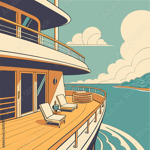 Foto Modern cruise ship deck with lounge chairs and table overlooking the ocean vacat