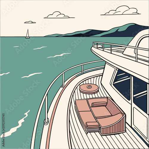 Tableau sur toile Illustration of a cruise ship deck with lounge chairs and table overlooking the
