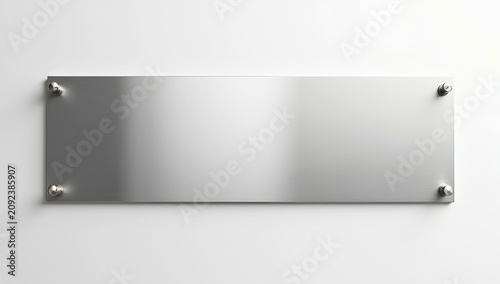 Artwork showing brushed steel rectangular plate secured with shiny bolts at four corners mounted on smooth white wall reflective surface