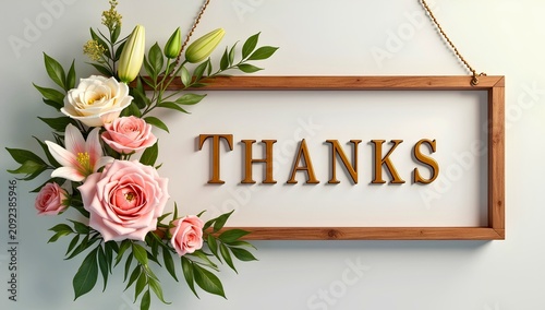 Artwork showing wooden framed sign hanging by chain with large gold THANKS letters and floral arrangement of roses lilies and green foliage