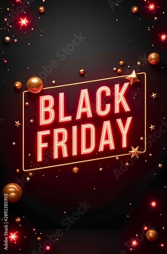 Artwork showing large glowing red BLACK FRIDAY text outlined golden rectangle with decorative spheres stars sparkles on dark festive background