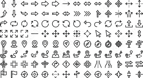 Obraz na płótnie Arrow and map navigation vector line icons set for GPS tracking travel and road