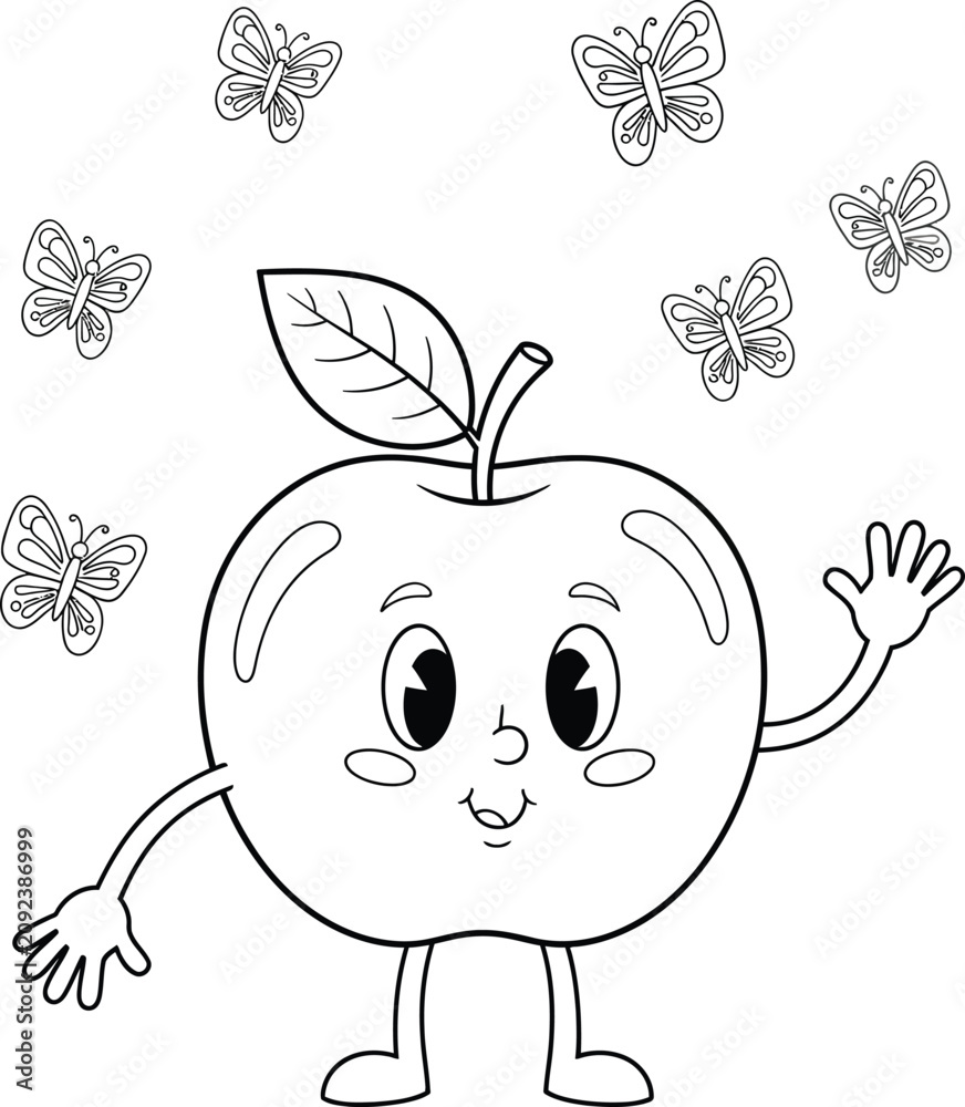 Fototapeta premium Cute Apple Character with Butterflies Line Art Illustration – Simple Cartoon Fruit Drawing for Kids Coloring Pages, Children’s Activity Sheets, Nature Artwork and Educational Designs 