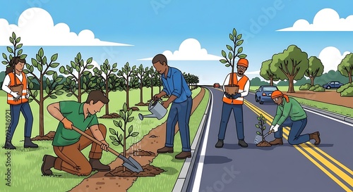 Family gardening together in sunny backyard.