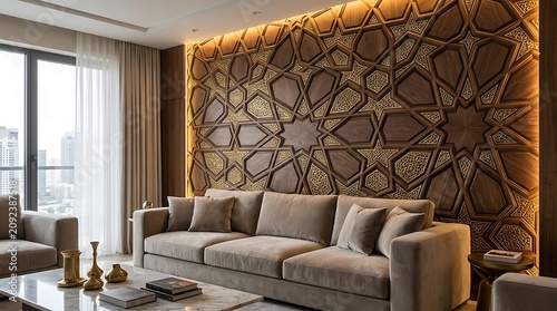 Sophisticated living room design with rich dark wood wall panels featuring ornate golden star patterned decorative molding.