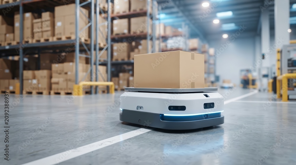 Naklejka premium Autonomous warehouse robotic logistics mobile robot hauling a carton along an aisle.