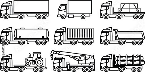 Foto Commercial Truck Line Art Collection with Cargo Tanker Crane and Flatbed Vehicl
