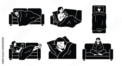 Bild auf Leinwand People Relaxing On Sofas Black Vector Illustration Set