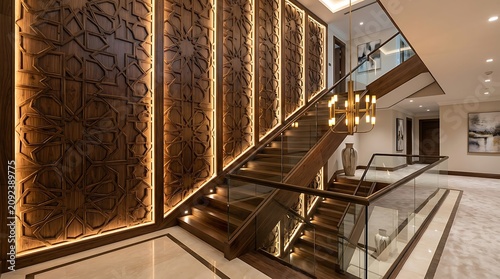 Stunning luxury staircase interior with intricate wooden geometric wall carvings highlighted by soft gold ambient lighting.