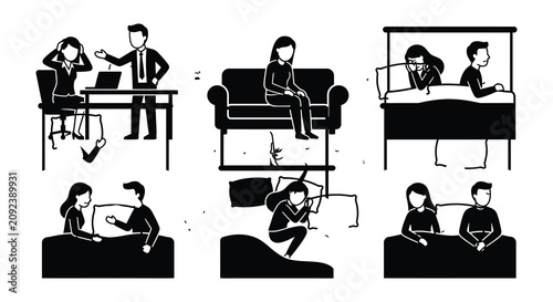 Foto People Relaxing On Sofas Black Vector Illustration Set