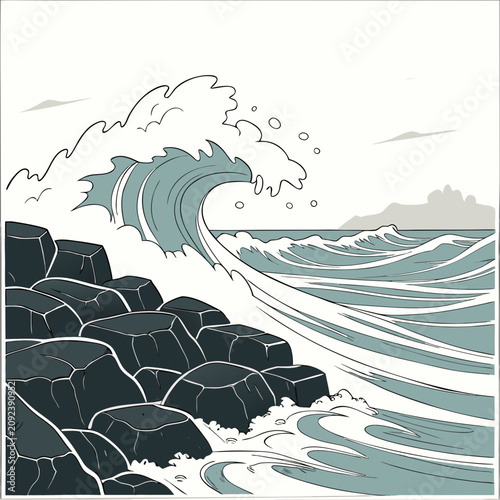 Foto Large wave crashing against a rocky shore with a distant horizon crashing illust