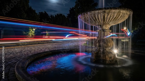 Long exposure of city fountain with colorful light trails.