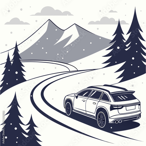 White suv driving on a snowy mountain road surrounded by pine trees with off road mountain landscape adventure snowflakes traveling automobile