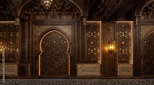 Traditional islamic interior design featuring intricate wooden carvings and ornate gold details inside mosque or cultural hall.