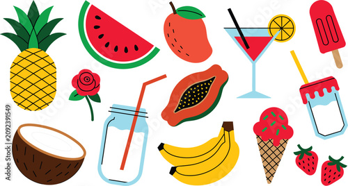 Summer Tropical Fruit and Refreshment Collection Vector Featuring Pineapple, Watermelon, Papaya, Banana, Coconut, Cocktail, Ice Cream, and Fresh Strawberry Illustrations