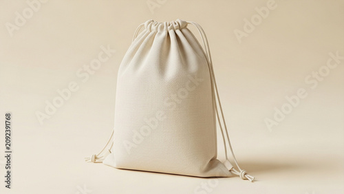 Minimalist cream canvas drawstring pouch on neutral background