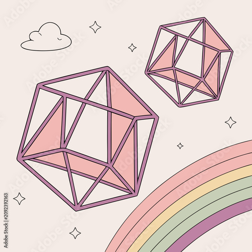 Fotografie Two geometric shapes floating above a rainbow with stars and clouds in the backg