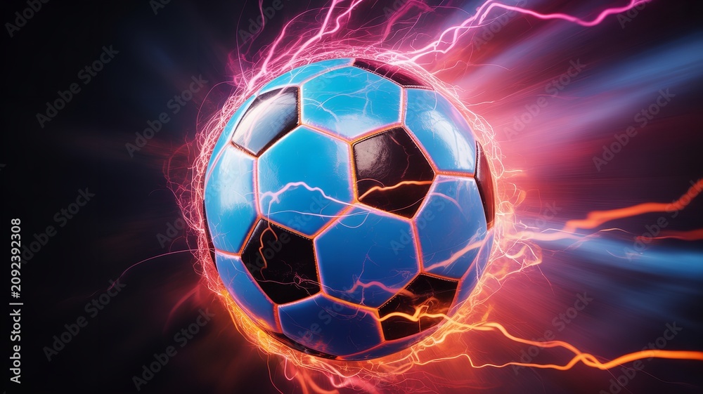Naklejka premium Soccer ball with glowing colorful energy lightning effects symbolizing motion excitement and power in vibrant sports illustration