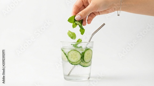 A refreshing glass of cucumber and mint infused water with fresh sprigs being added to a clear drink on a clean white background