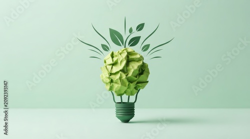 Green sustainable energy and business innovation concept with a lightbulb made of crumpled paper.