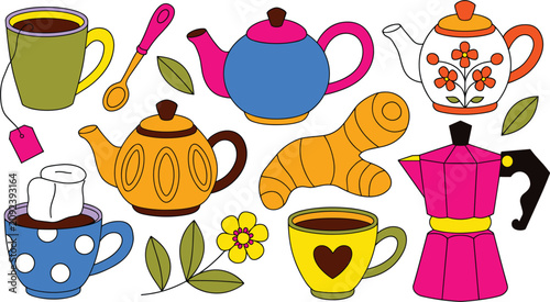 Cute Colorful Tea and Coffee Set Vector Collection Featuring Teapots, Cups, Moka Pot, Ginger Root, Herbal Tea, and Kitchen Beverage Illustrations
