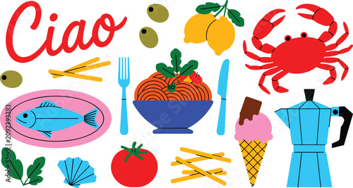 Italian Food and Cuisine Vector Collection Featuring Pasta, Fish, Crab, Moka Pot, Gelato, Tomatoes, Lemons, Olives, and Mediterranean Cooking Elements
